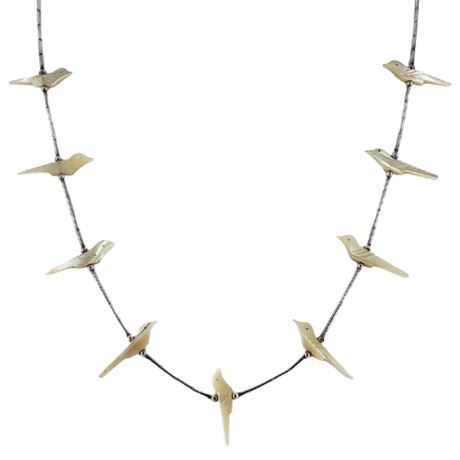 Vintage Zuni Liquid Silver Mother of Pearl Birds Fetish Necklace
