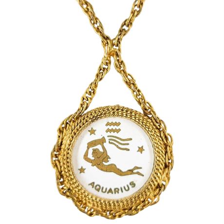 Vintage Gold Tone Enamel Aquarius Zodiac Pendant Necklace