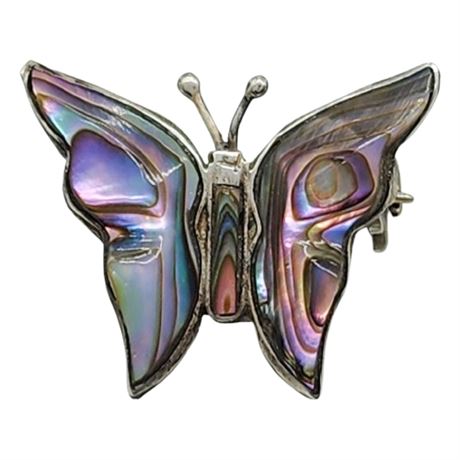 Vintage TAXCO Mexico Sterling Silver Abalone Butterfly Brooch