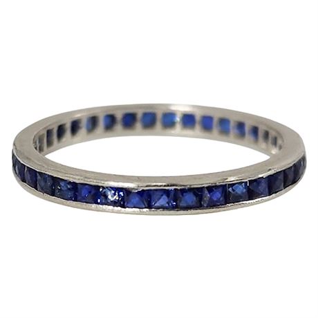 Vintage Platinum French Cut Sapphire Eternity Band Ring, Sz 6