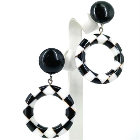 Black & White Checkered Hoop Dangle Earrings