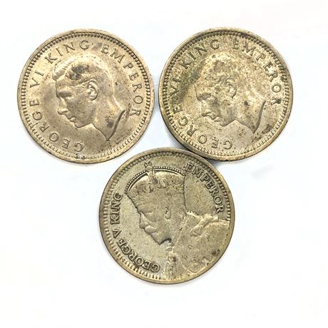 1934 1939 & 1940 New Zealand Three Pence Silver Coins