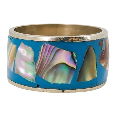 Vtg Mexico Made Alpaca Silver Abalone Inlay Ring, Sz 9.25