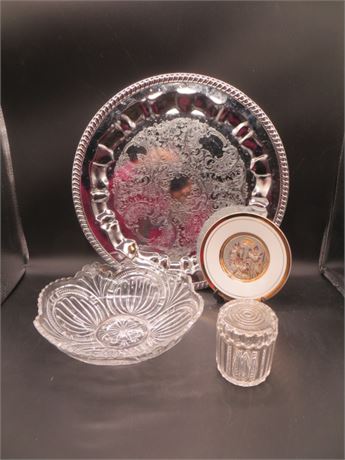 Hammered Aluminum Platter, Butterfly Art of  Chukin w/24 Kt Trim, Jar &