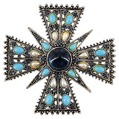 Vintage ART Rhinestone & Cabochon Maltese Cross Brooch