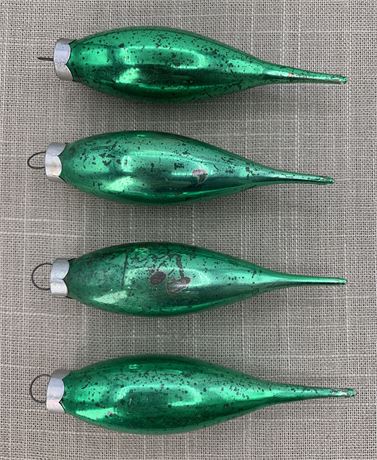 4 Mid Century Emerald Green 4 1/2” Mercury Glass Ornaments