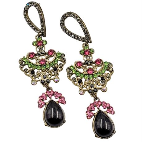 Pink and Green Rhinestone Dangle Statement Stud Earrings