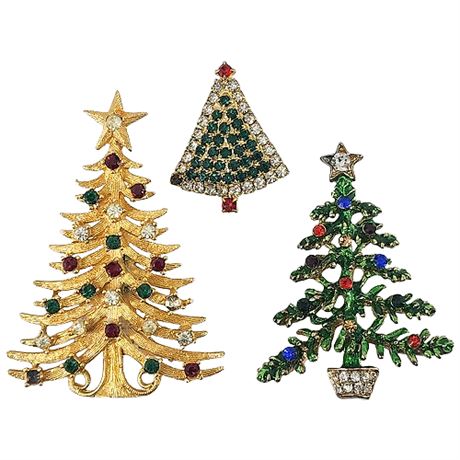 Three Vintage Rhinestone Christmas Tree Brooches