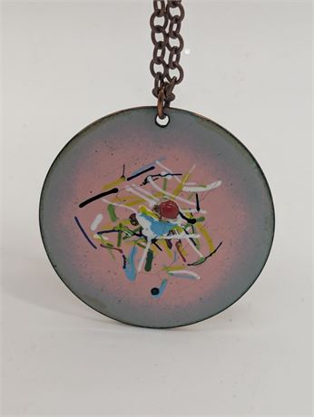 Vintage MCM Artisan Made Pink Copper Pendant Art Necklace