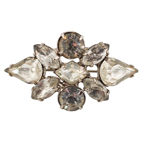 Vintage Prong Set Clear Rhinestones Curved Brooch