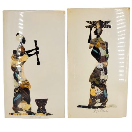 Signed African Art Pair Made with Real Butterfly Wings