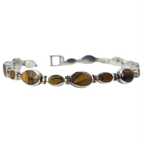 Vintage Sterling Silver Tiger's Eye Bracelet, Missing Clasp
