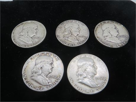 Five 1952 D Ben Franklin Half Silver Dollars