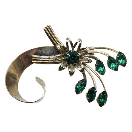 Vintage Emerald Green Rhinestone Ribbon & Spray Brooch