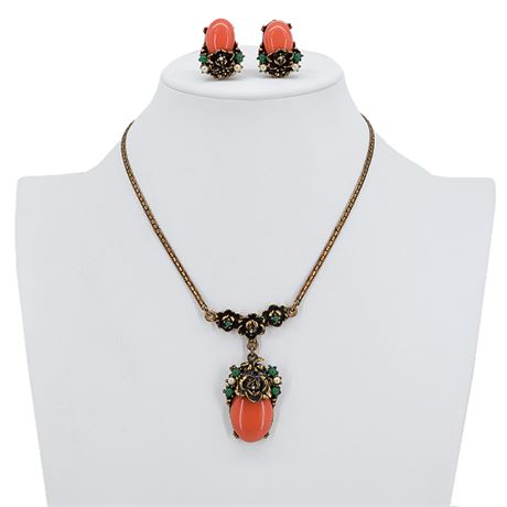Vtg Victorian Revival Faux Coral Cabochon Necklace & Screwback Earrings Set