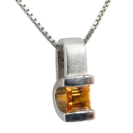 Sterling Silver Orange Sapphire Gemstone Pendant Necklace