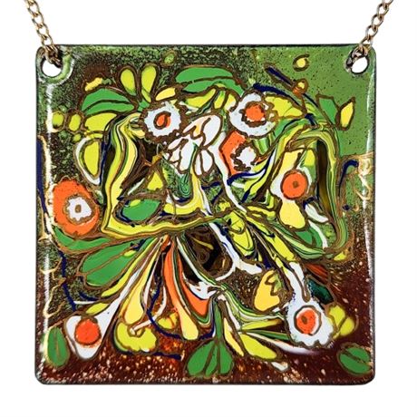 Vintage FLORENCE EASLY Large Enamel on Copper Pendant Necklace