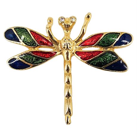 Vintage Enamel Dragonfly Brooch w/ Rhinestone Eyes
