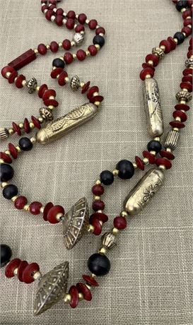 Claret & Raven Wood with Embossed Metal Beads Double Strand Vintage Necklace