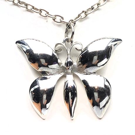 Vintage Heavy Silver Tone Butterfly Pendant Necklace