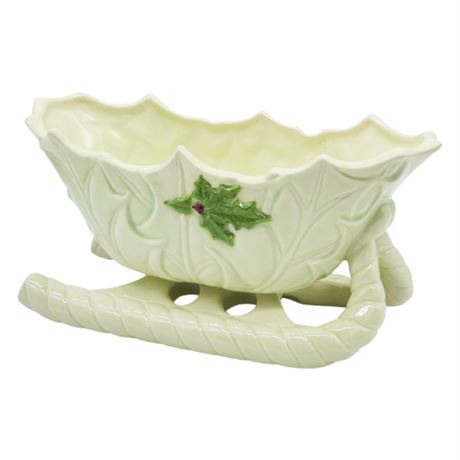 Vintage Hand Painted Ceramic Holly Sleigh Planter