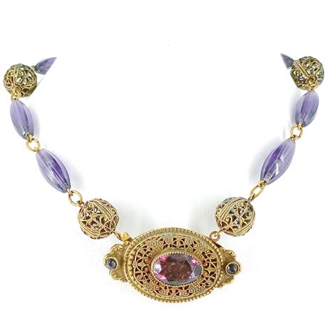 Vintage Gold-Tone Filigree Necklace with Purple Glass Stones and Beads
