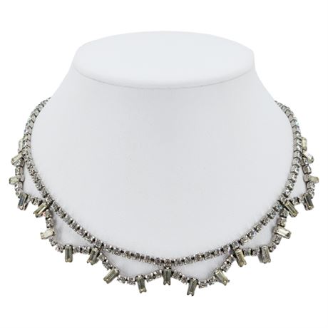 Vintage Prong Set Rhinestone & Baguette Festoon Necklace