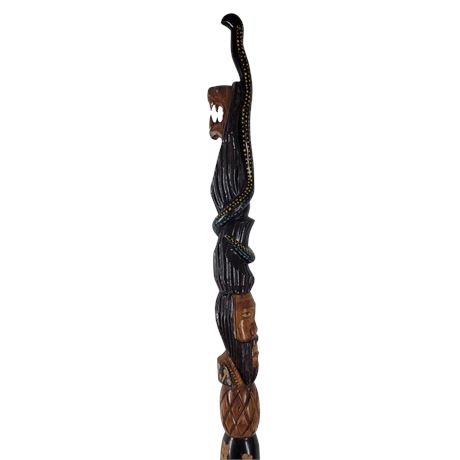 Vintage Folk Art Hand-Carved Natural Wood Jamaican Walking Cane