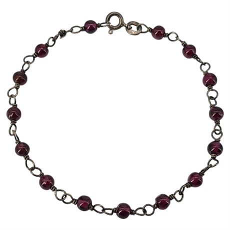 Vintage FAS Sterling Silver Garnet Glass Beaded Bracelet, Repaired