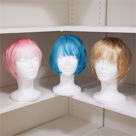 Lof of 3 Fun & Colorful Ladies' Wigs w/ Styrofoam Head Stands