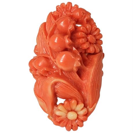 Vintage Carved Coral Colored Celluloid Floral Ring, Sz 7.5