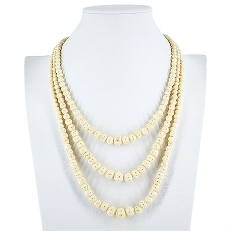 Vintage 3-Strand Carved Bone Rosette Bead Necklace
