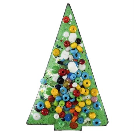 Vintage Copper Enamel Christmas Tree Brooch w/ Glass Beads