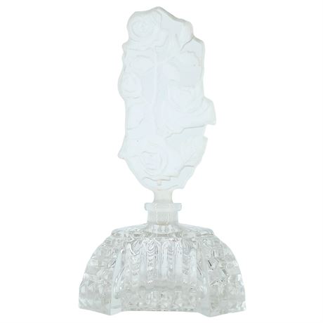 Czech Art Deco Perfume Bottle, Pressed Glass with Frosted Rose Stopper