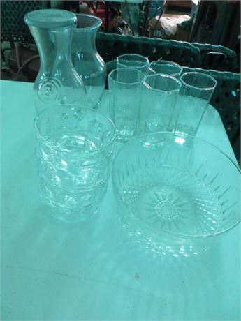 Serving Bowl, Vase, Decanter & 5 Tall Glasses