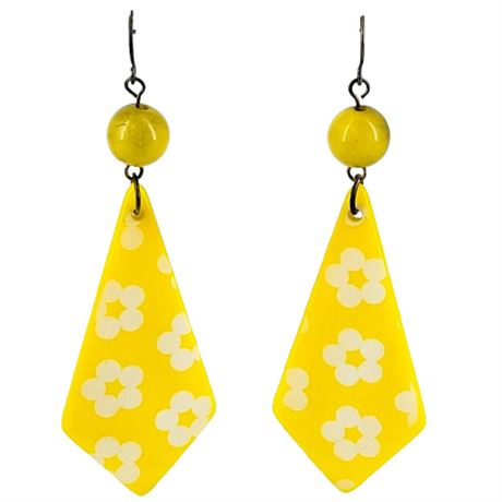Vintage Yellow Plastic Floral Dangle Pierced Earrings