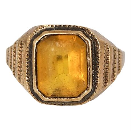 Vintage Gold Filled Amber Glass Ring, Sz 4