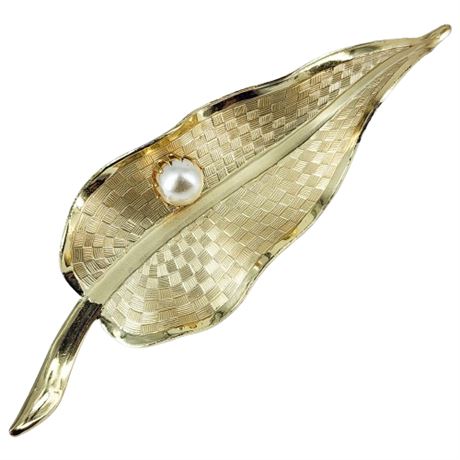 Vintage Faux Pearl Stylized Leaf Brooch