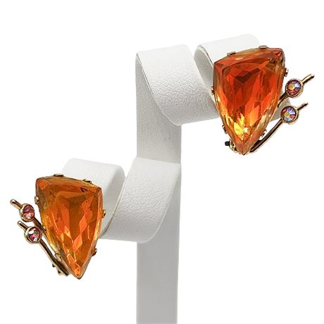 Orange Glass & Aurora Borealis Rhinestone Clip Earrings