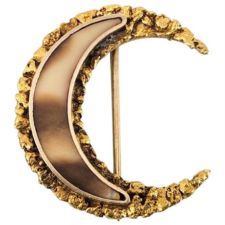Vintage 10K Gold Crescent Moon Brooch w/ 24K Gold Nugget Accents