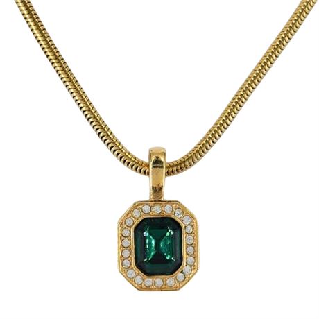 Vintage ROMAN Gold Tone Snake Chain Faux Emerald Pendant Necklace