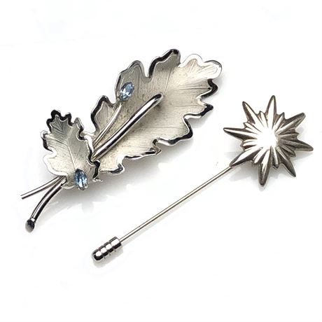 Vintage Sterling Silver INC Rhinestone Leaf Brooch & Sunburst Sterling Stickpin