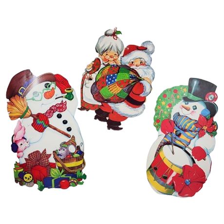 Vintage Paper Snowmen & Santa Wall Hangings, Lot of 3