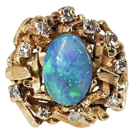 Vintage 14K Gold Black Opal & Diamond Brutalist Ring, Sz 6.5