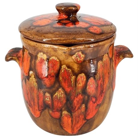 Vintage 70s Drip Glaze Lidded Ceramic Pot w/ Removable Strainer