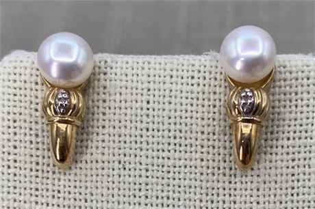 10k Yellow Gold, Diamond & Genuine Pearl Pierced Earrings