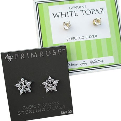 Sterling Silver Post Earrings ~ White Topaz Studs & CZ Snowflakes