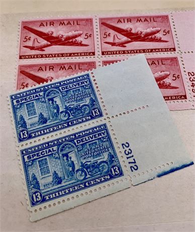 13 Unused 1940s DC Skymaster, Special Delivery & Air Mail US Postage Stamps