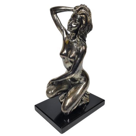 Vintage Signed Erotic Chromed Bronze Kneeling Nude Woman Statue