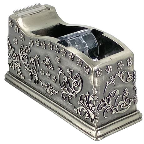 Lillian Vernon Ornate Silver-Tone Metal Tape Dispenser with Floral Scroll